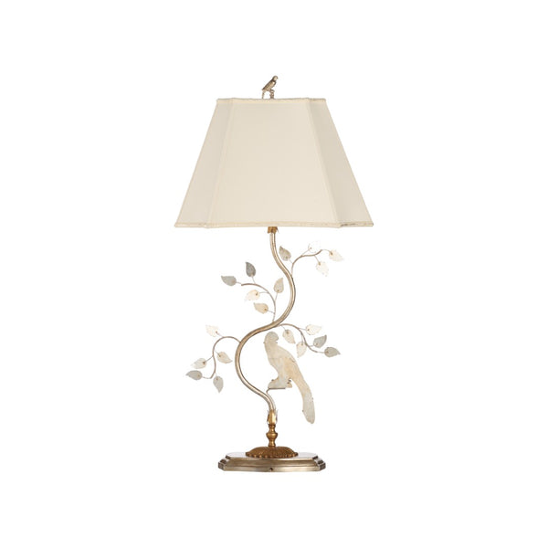 Chelsea House Crystal Bird Lamp Left — Antique Silver Leaf & Faceted Crystal Sculpture Lamp, 36.5" Tall Accent Light 70391