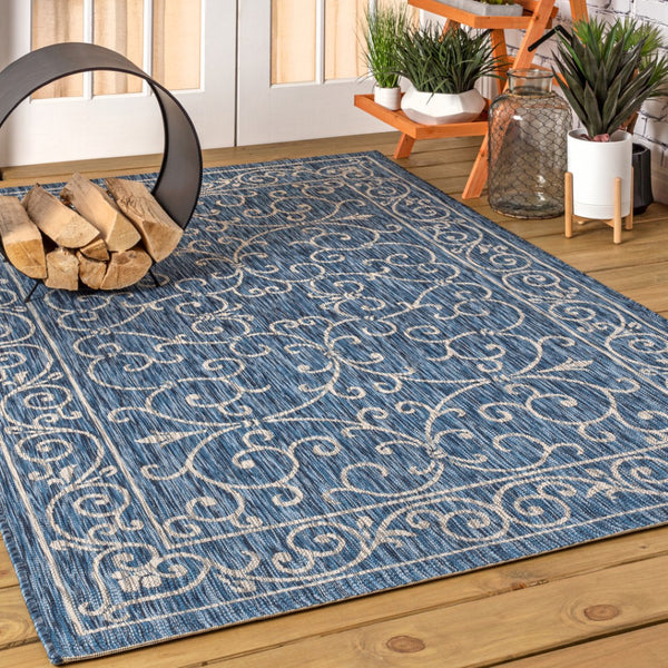 HomeRoots 8' X 10' Navy Blue and Gray Medallion Rug - Stylish Indoor/Outdoor Accent for Versatile Spaces 703912