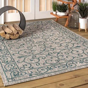 HomeRoots 5' Stylish Gray and Teal Blue Medallion Area Rug - Durable, Fade-Resistant for Indoor/Outdoor Use 703916