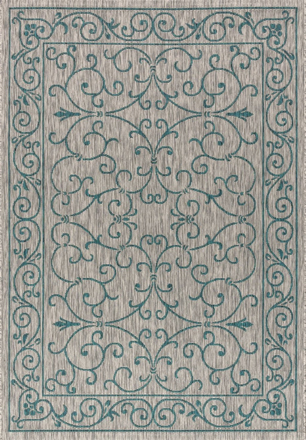 HomeRoots 5' Stylish Gray and Teal Blue Medallion Area Rug - Durable, Fade-Resistant for Indoor/Outdoor Use 703916