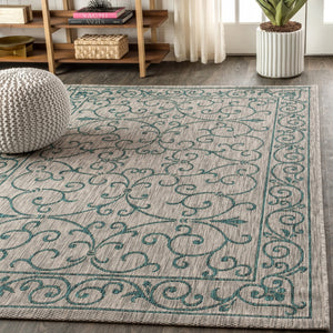 HomeRoots 5' Stylish Gray and Teal Blue Medallion Area Rug - Durable, Fade-Resistant for Indoor/Outdoor Use 703916