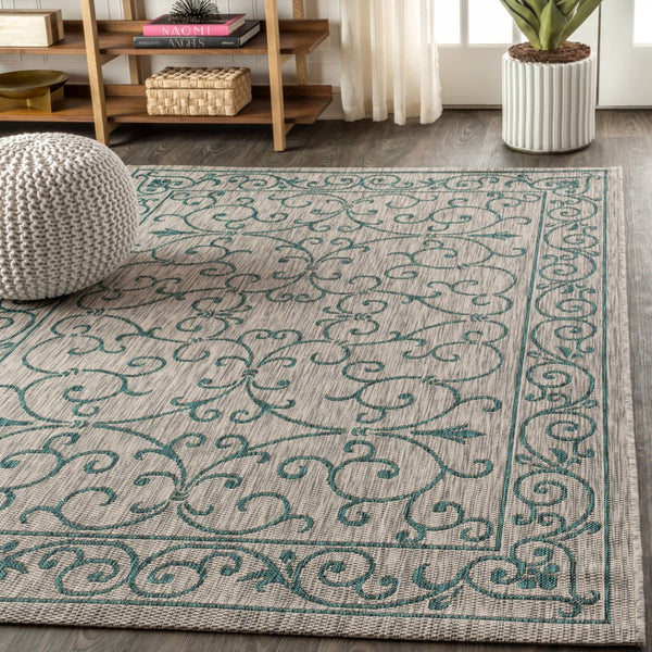 HomeRoots 5' Stylish Gray and Teal Blue Medallion Area Rug - Durable, Fade-Resistant for Indoor/Outdoor Use 703916