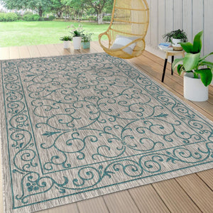HomeRoots 5' Stylish Gray and Teal Blue Medallion Area Rug - Durable, Fade-Resistant for Indoor/Outdoor Use 703916