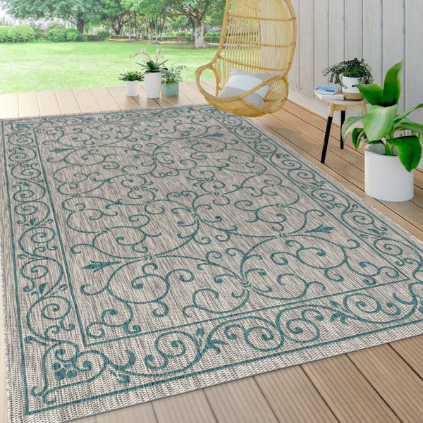 HomeRoots 5' Stylish Gray and Teal Blue Medallion Area Rug - Durable, Fade-Resistant for Indoor/Outdoor Use 703916