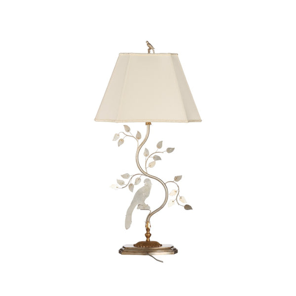Chelsea House Crystal Bird Lamp Right — Antique Silver Leaf Table Lamp With Crystal Accents, Bird Finial, 36.5"H Elegance 70392