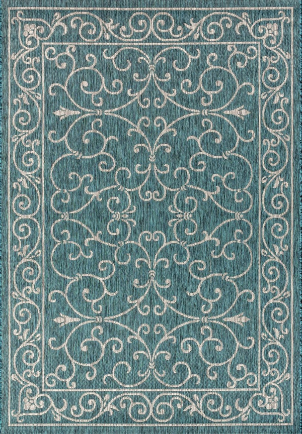 HomeRoots 5' Teal Blue and Gray Medallion Rug - Versatile Indoor/Outdoor Area Rug for Style and Durability 703921