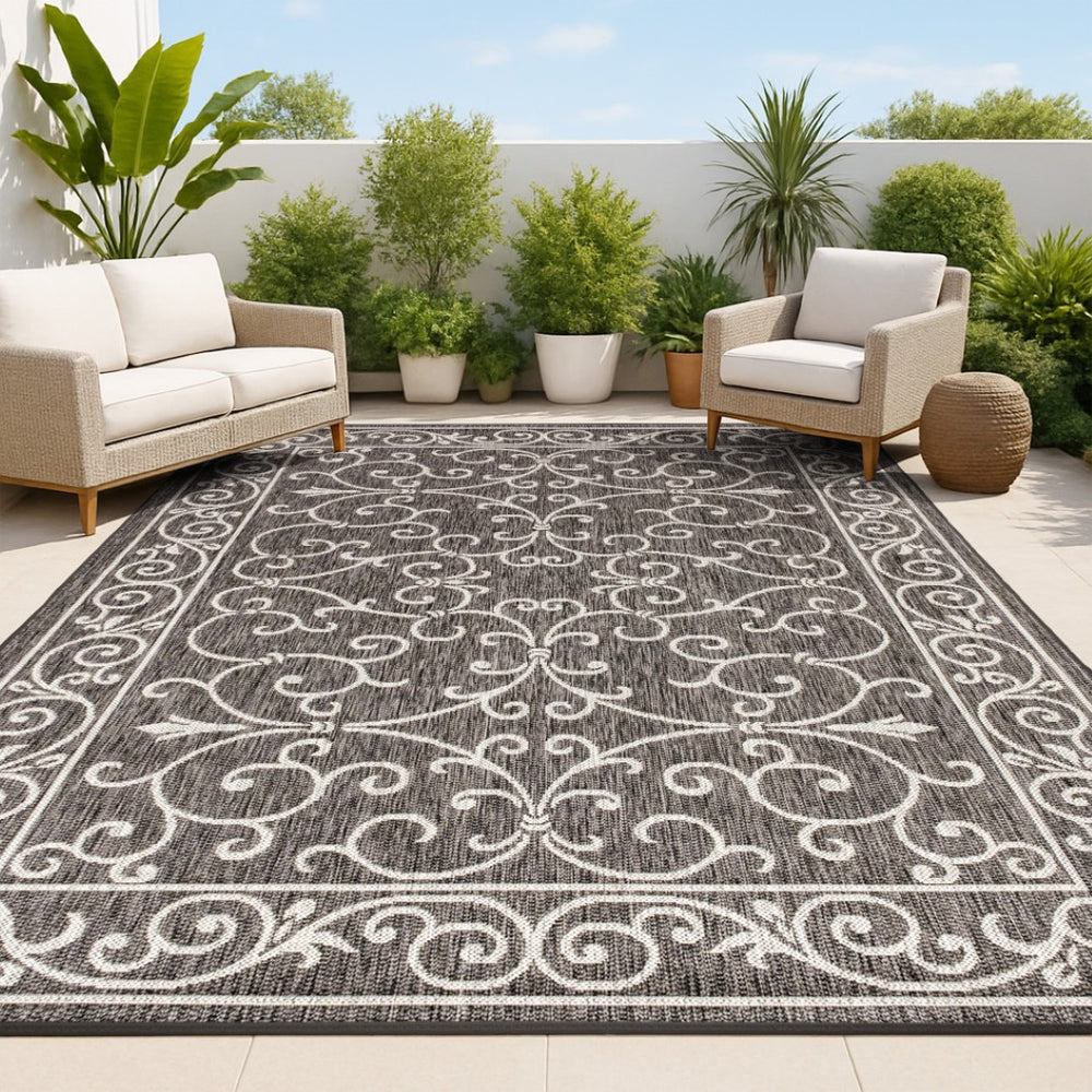 HomeRoots 5' X 8' Black and Gray Medallion Area Rug - Stylish, Durable, Versatile for Indoor & Outdoor Use 703926