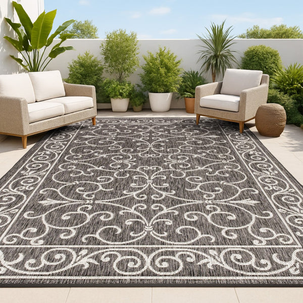 HomeRoots 5' X 8' Black and Gray Medallion Area Rug - Stylish, Durable, Versatile for Indoor & Outdoor Use 703926