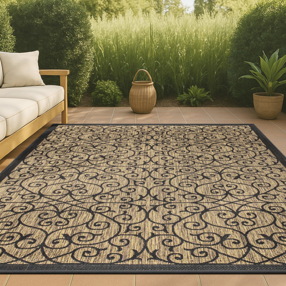 HomeRoots 5' Black and Khaki Geometric Area Rug - Stylish, Durable, Weather-Resistant for Indoor & Outdoor Use 703931