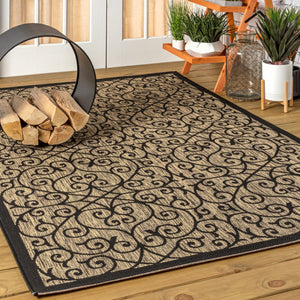 HomeRoots 5' Black and Khaki Geometric Area Rug - Stylish, Durable, Weather-Resistant for Indoor & Outdoor Use 703931