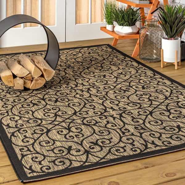 HomeRoots 5' Black and Khaki Geometric Area Rug - Stylish, Durable, Weather-Resistant for Indoor & Outdoor Use 703931