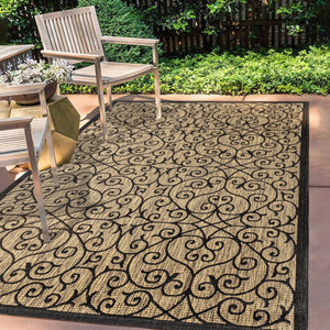 HomeRoots 5' Black and Khaki Geometric Area Rug - Stylish, Durable, Weather-Resistant for Indoor & Outdoor Use 703931