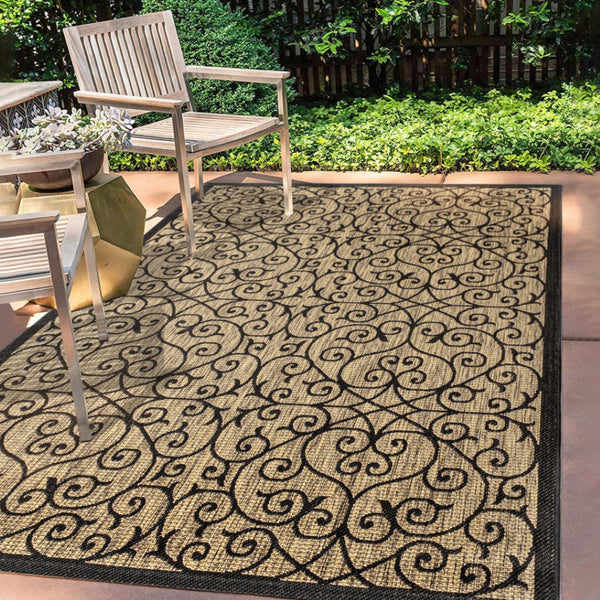 HomeRoots 5' Black and Khaki Geometric Area Rug - Stylish, Durable, Weather-Resistant for Indoor & Outdoor Use 703931