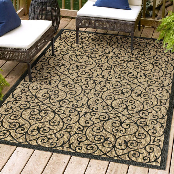 HomeRoots 5' Black and Khaki Geometric Area Rug - Stylish, Durable, Weather-Resistant for Indoor & Outdoor Use 703931