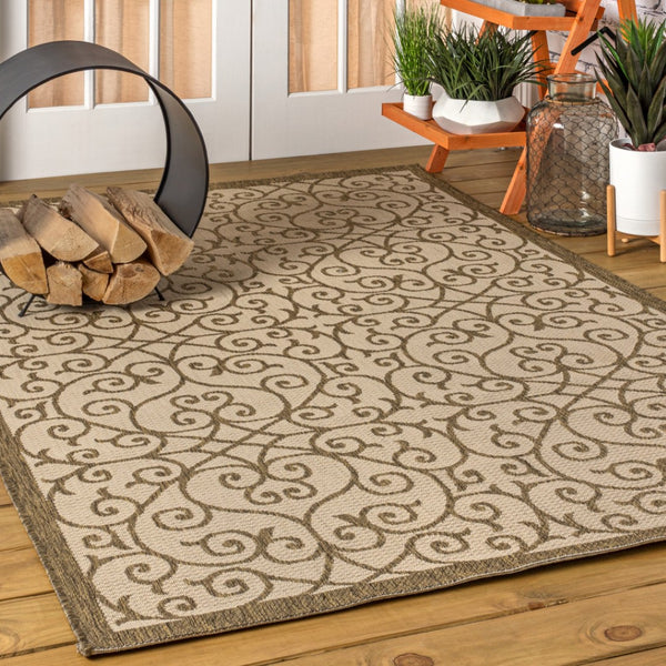 HomeRoots 5' X 8' Beige and Brown Geometric Area Rug - Stylish, Weather-Resistant Design for Indoor & Outdoor Use 703936