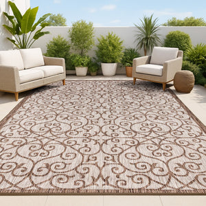 HomeRoots 5' Geometric Area Rug in Taupe & Espresso - Stylish, Durable Indoor/Outdoor Design for Any Space 703941