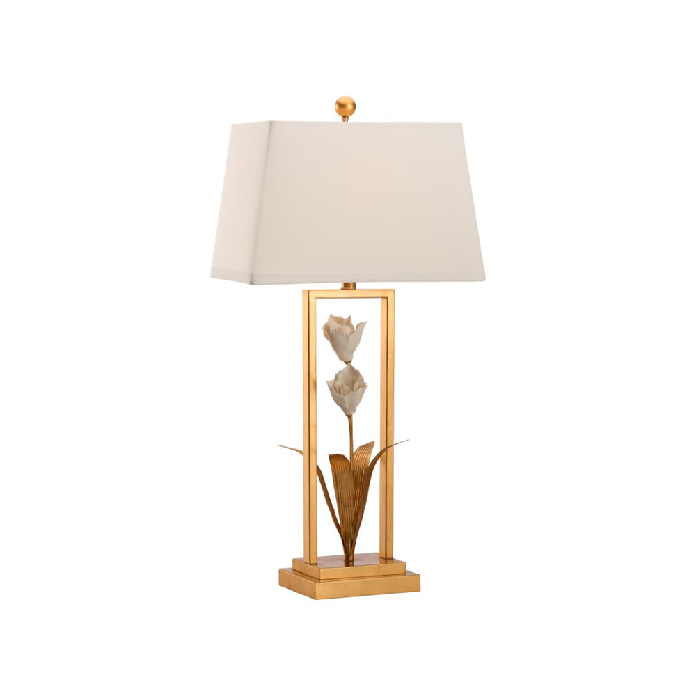 Chelsea House Cain Porcelain Tulip Lamp By Bill Cain — Hand-Painted Gold Stem, Antique Gold Leaf & Matte White Glaze, 34.5" Tall 70395