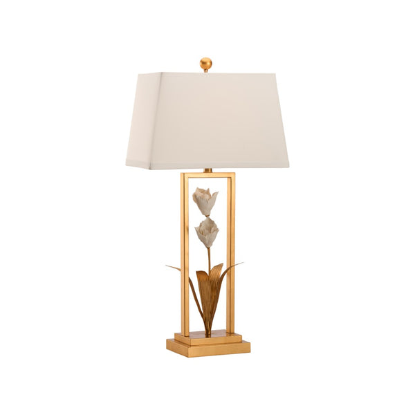 Chelsea House Cain Porcelain Tulip Lamp By Bill Cain — Hand-Painted Gold Stem, Antique Gold Leaf & Matte White Glaze, 34.5" Tall 70395