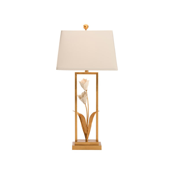 Chelsea House Cain Porcelain Tulip Lamp By Bill Cain — Hand-Painted Gold Stem, Antique Gold Leaf & Matte White Glaze, 34.5" Tall 70395