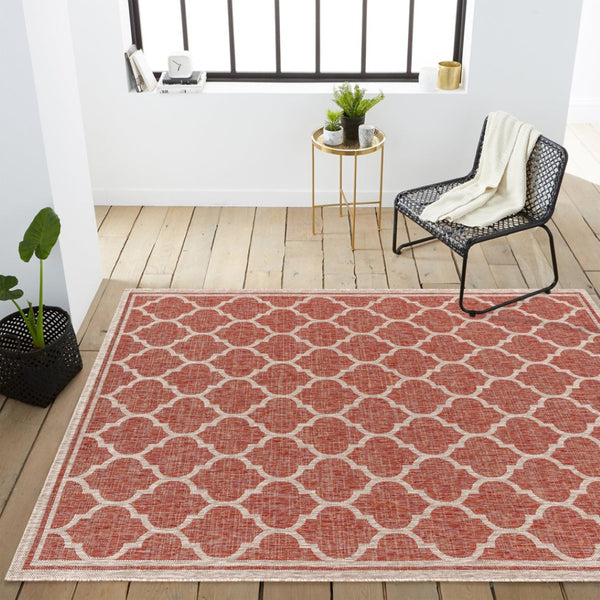 HomeRoots 5' Geometric Red and Beige Area Rug - Indoor/Outdoor Durable, Low Maintenance, Stylish Décor Option 703986