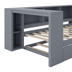 English Elm Wood Twin Platform Bed Linen Headboard Storage Shelves Trundle Charging Station Gray N709P004023E