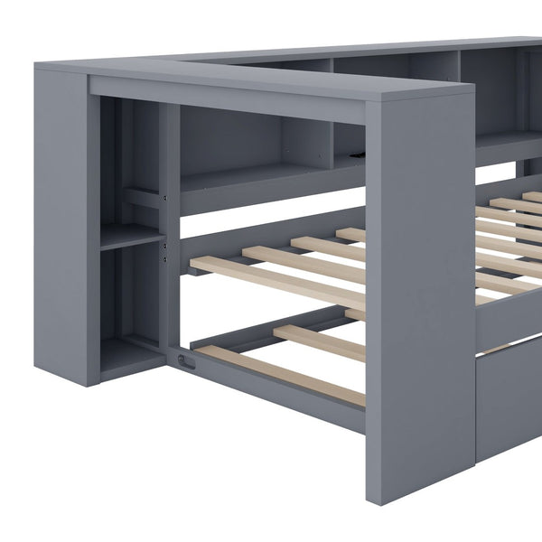 English Elm Wood Twin Platform Bed Linen Headboard Storage Shelves Trundle Charging Station Gray N709P004023E