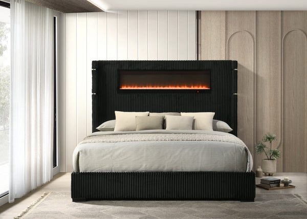 English Elm Garner Corduroy Eastern King Bed with Fireplace Led Lighting and Bluetooth Speaker B2756S00003