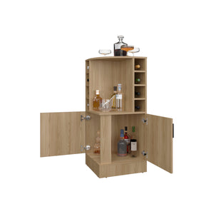 English Elm FM Corner Bar Cabinet with 8-Bottle Rack, Open Display Shelves and Hidden Storage for Home Entertaining Natural Wood 47.2 L x 23.2 W x 4.7 H B128P269880