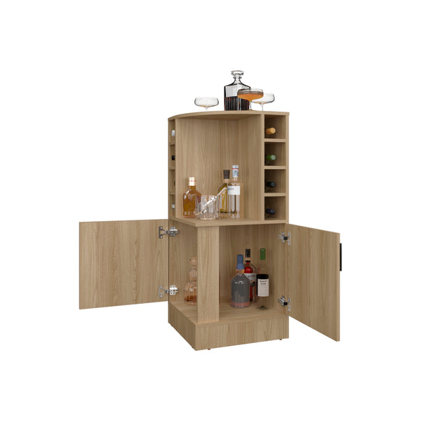 English Elm FM Corner Bar Cabinet with 8-Bottle Rack, Open Display Shelves and Hidden Storage for Home Entertaining Natural Wood 47.2 L x 23.2 W x 4.7 H B128P269880