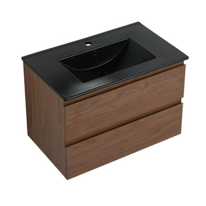English Elm 30" Wall-Mounted Bathroom Vanity With Black Ceramic Sink & Soft-Close Drawers For Modern Spaces W999S00195