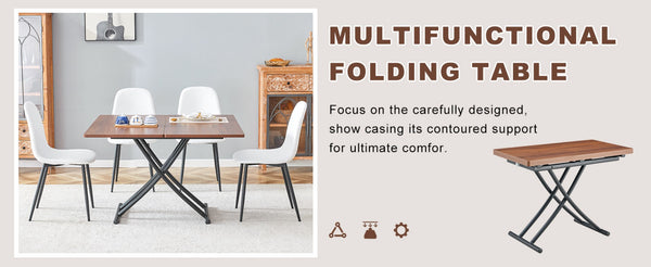 English Elm Table And Chair Set - Modern Adjustable Walnut Lift Table With 4 Soft Linen Dining Chairs, Stylish & Versatile W1151S03774-GIGA