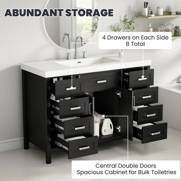 English Elm Christopher Knight Home® - 48" Bathroom Vanity with Sink Combo | 2 Doors 8 Soft-Close Drawers, Resin Top, Pine Legs Black N759S337621B
