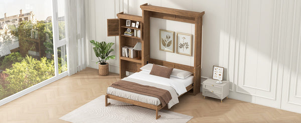 English Elm Queen Size Murphy Bed With Louvered Design, Multi-Storage Solution For Compact Living Spaces N7090004018D-GIGA