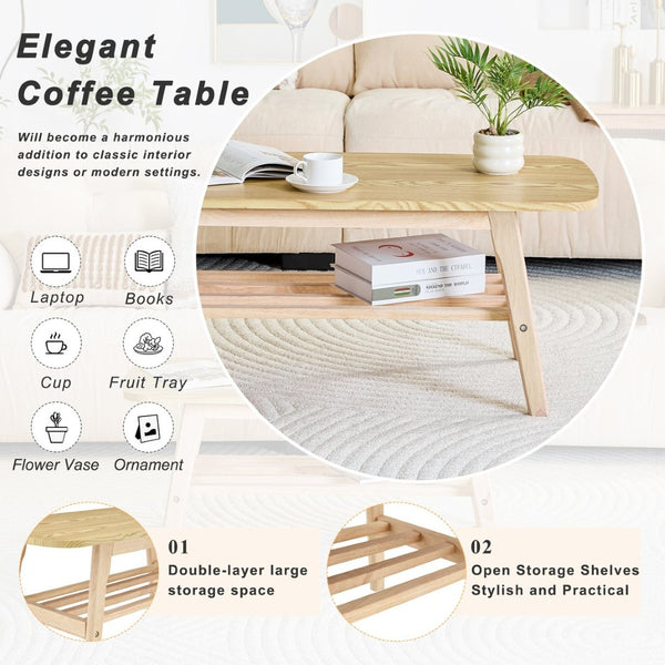 English Elm 39 Inch Solid Wood Coffee Table with Dual Open Shelves for Living Room Storage W2920P407664