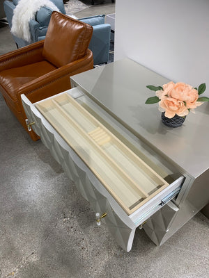 English Elm Anson Champagne & Silver Console Cabinet with 3 Felt-Lined Drawers, 3D Diamond Front & Gold Legs B2726P272311