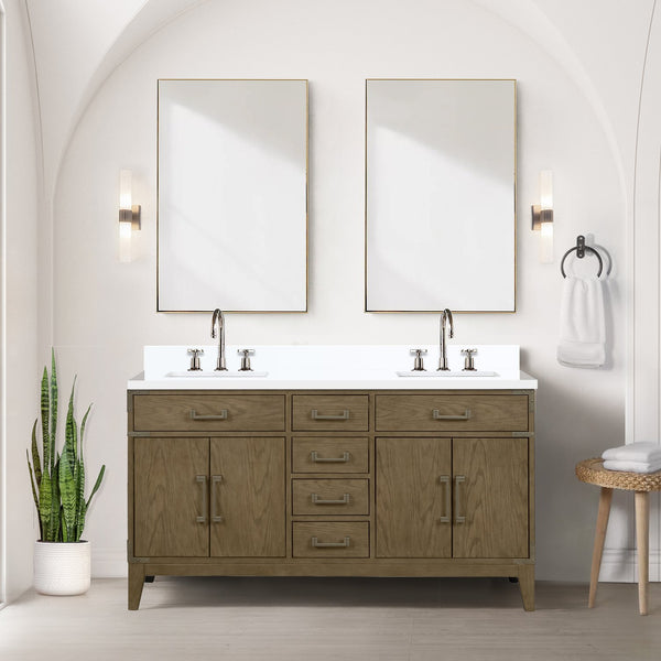 English Elm Grey Oak Double Bath Vanity 60" W With Soft-Close Drawers & Ample Storage For Modern Bathrooms B2731P259852