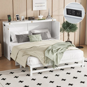 English Elm Murphy Cabinet Queen Bed Solid Pine Frame with Built-in Charging Station for Guest Rooms White W504S00164