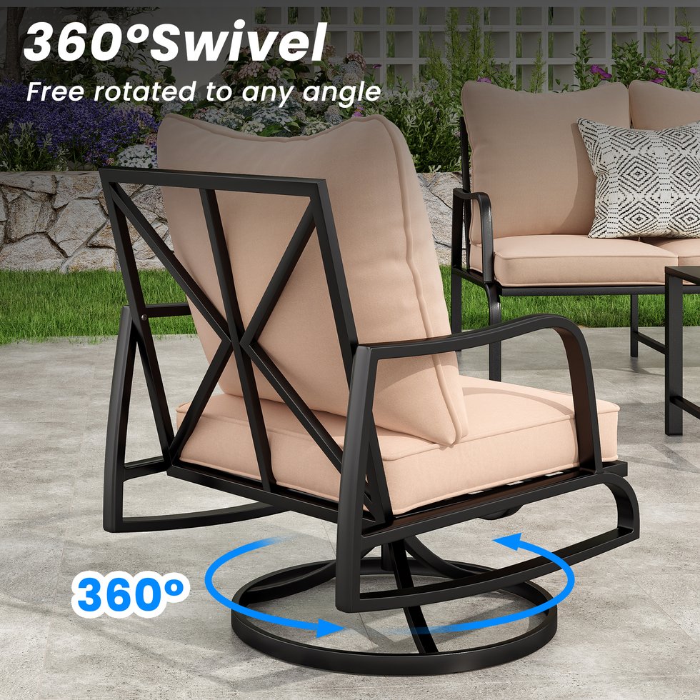English Elm Patio 2-Piece Swivel Rocking Chairs Set with 4" Thick Beige Cushions, Weather-Resistant Metal Comfort T3623P409870