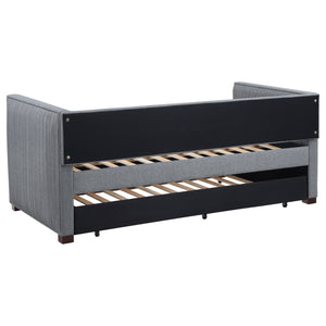 English Elm Vendman Grey Upholstered Twin Daybed with Trundle, Modern Minimalist Pleated Sides, Guest-Ready Comfort B062S00988