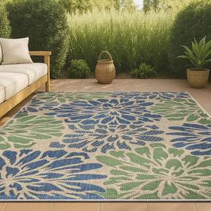 HomeRoots 5' Navy Blue and Green Floral Area Rug - Stylish, Durable Indoor/Outdoor Design for High-Traffic Spaces 704006