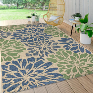 HomeRoots 5' Navy Blue and Green Floral Area Rug - Stylish, Durable Indoor/Outdoor Design for High-Traffic Spaces 704006