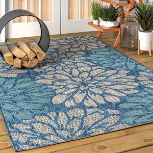 HomeRoots 5' Navy Blue & Aqua Floral Area Rug - Durable Indoor/Outdoor Design for Elegant Spaces & Easy Care 704011