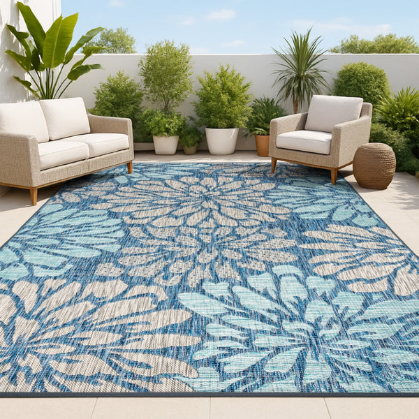 HomeRoots 8' X 10' Navy Blue Aqua Floral Area Rug - Durable, Stylish, Perfect for Indoor & Outdoor Spaces! 704012