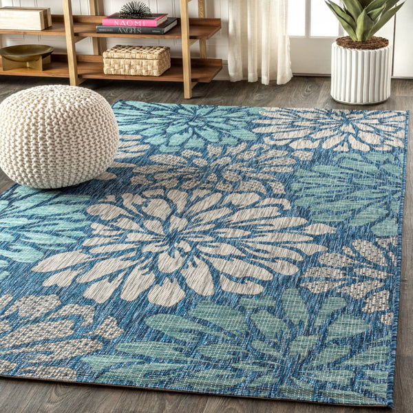 HomeRoots 8' X 10' Navy Blue Aqua Floral Area Rug - Durable, Stylish, Perfect for Indoor & Outdoor Spaces! 704012