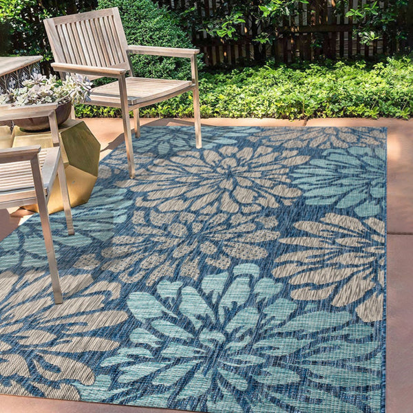 HomeRoots 8' X 10' Navy Blue Aqua Floral Area Rug - Durable, Stylish, Perfect for Indoor & Outdoor Spaces! 704012