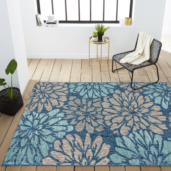 HomeRoots 8' X 10' Navy Blue Aqua Floral Area Rug - Durable, Stylish, Perfect for Indoor & Outdoor Spaces! 704012