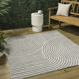 HomeRoots 5' Gray and Ivory Striped Square Area Rug - Modern, Durable Indoor/Outdoor Design for Any Space 704019
