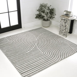 HomeRoots 6' Gray and Ivory Striped Square Area Rug - Modern Geometric Design for Indoor/Outdoor Spaces 704022