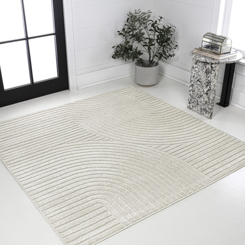 HomeRoots 5' Ivory and Cream Striped Square Area Rug for Indoor & Outdoor Spaces – Durable, Stylish & Easy Care 704036