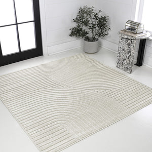 HomeRoots 6' Ivory and Cream Square Striped Area Rug - Durable Indoor/Outdoor Design for Modern Spaces 704039